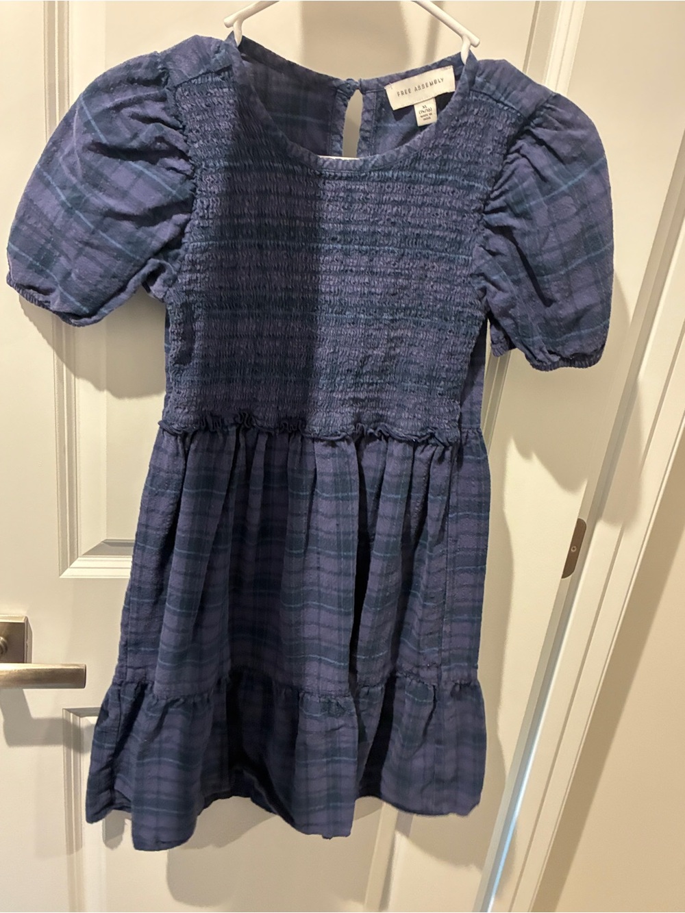 Free Assembly Blue Plaid Puff-Sleeve Smocked Dress Size 14/16